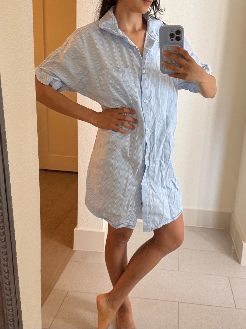 Light Blue Striped Swim Cover-Up / collared shirt dress